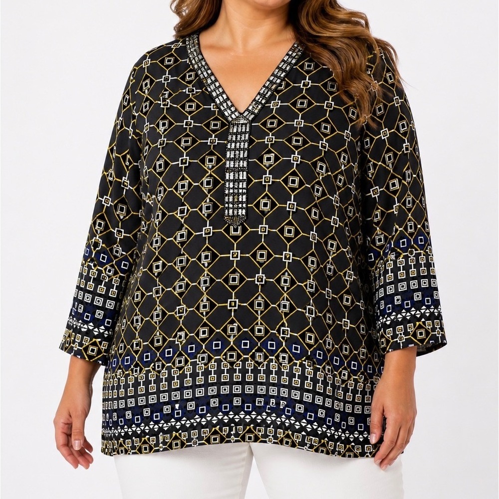 JM Collection Woman 2X Tunic Blouse Black Yellow Geometric Beaded V-Neck Top